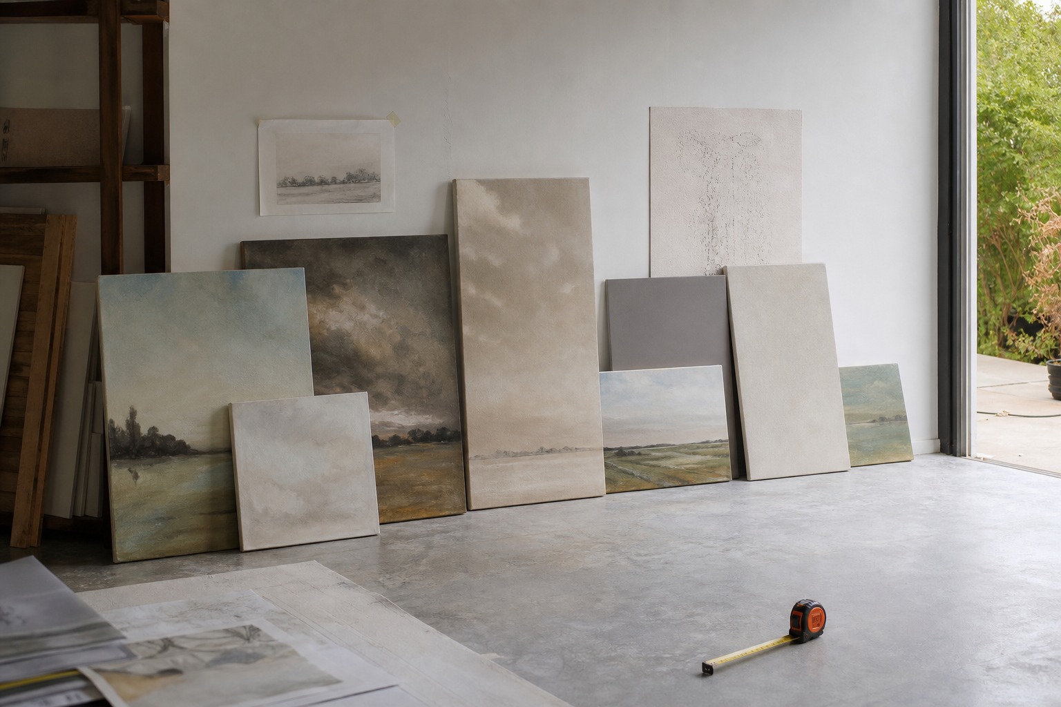 Canvas print samples leaning against a wall with a tape measure nearby.