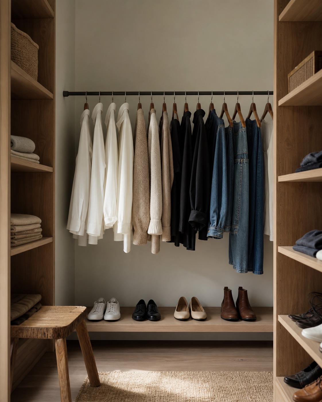 Capsule wardrobe section with white shirts, denim, neutral shoes, knitwear, and a clean outfit rail.