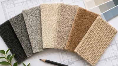 Seven carpet material samples fanned out on an architectural drawing table with color swatches.