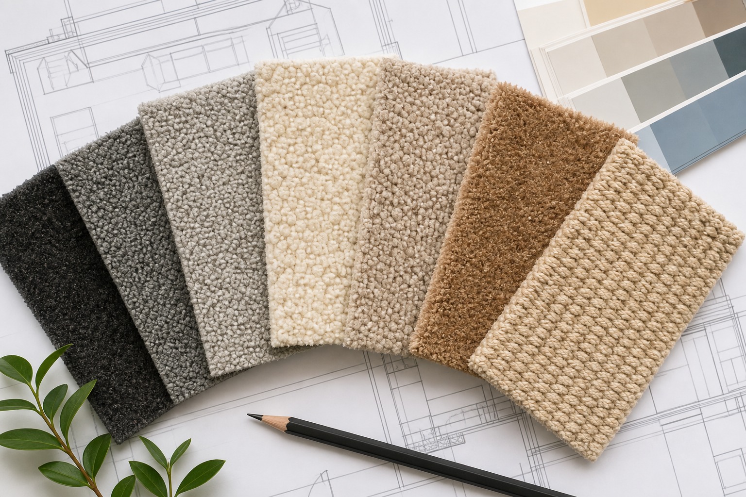 Seven carpet material samples fanned out on an architectural drawing table with color swatches.
