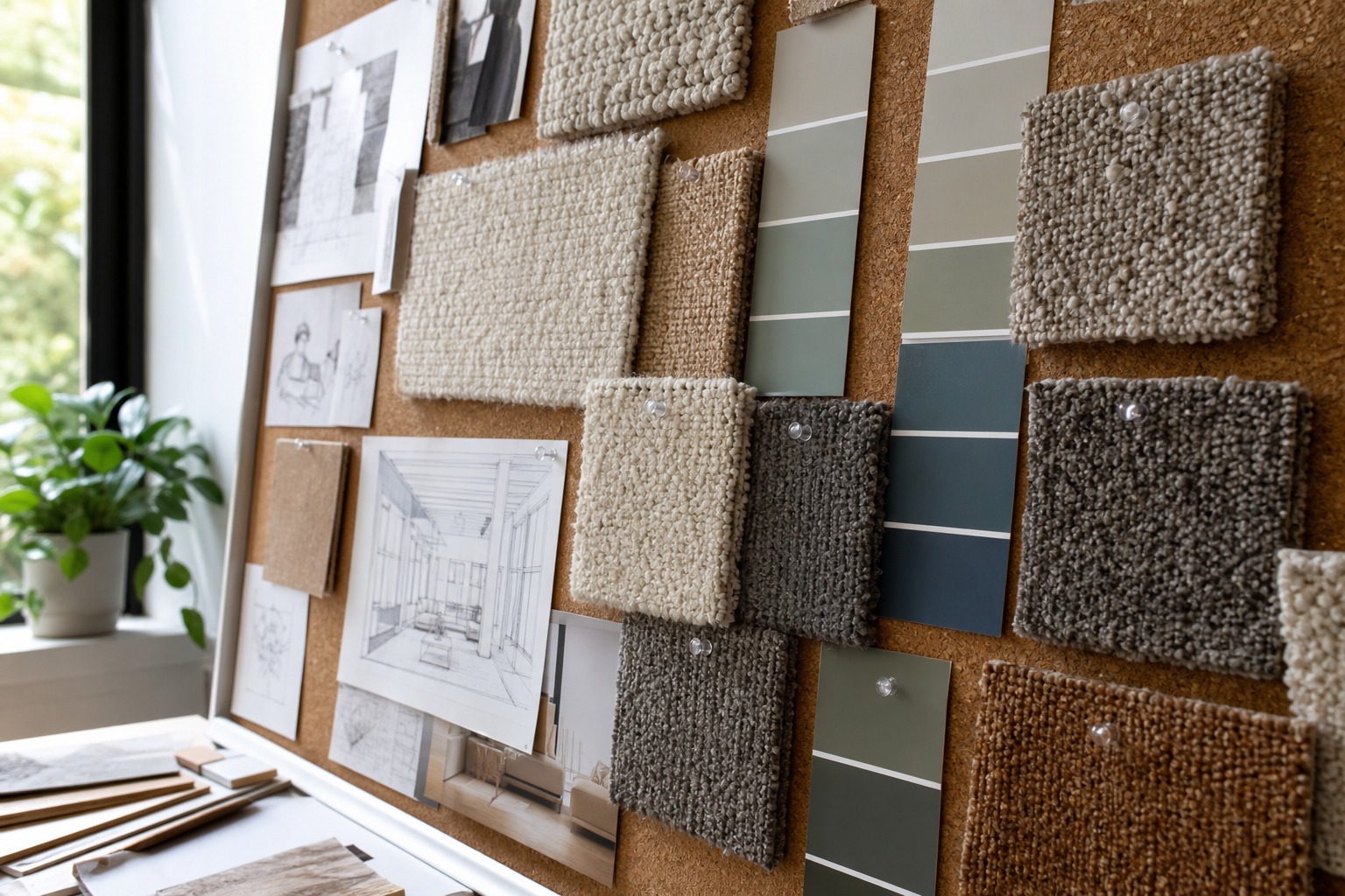 Design studio mood board with carpet material swatches, paint chips, and architectural sketches.