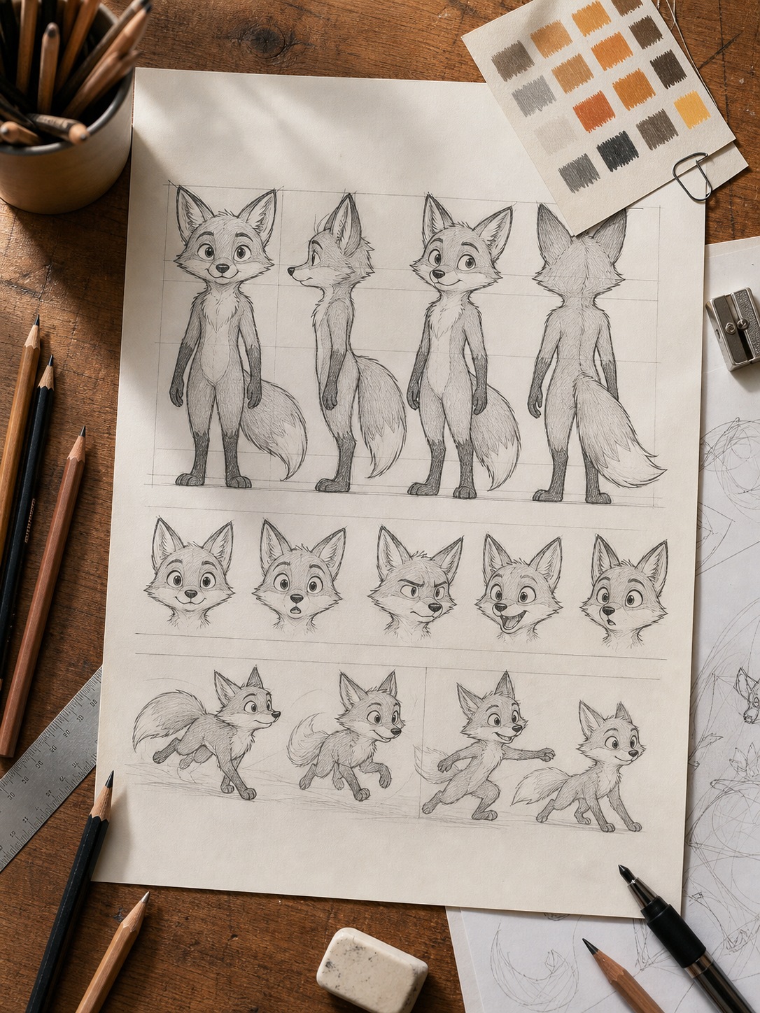 Cartoon Fox Character Model Sheet Cartoon fox character model sheet with multiple angles, expressions, and color swatches | Sky Rye Design Cartoon fox character model sheet with multiple angles, expressions, and color swatches