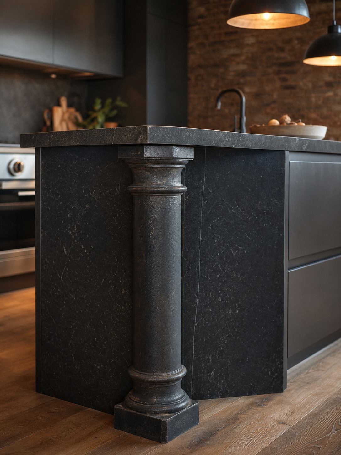Cast-iron structural column integrated into the end of a dark stone kitchen island.