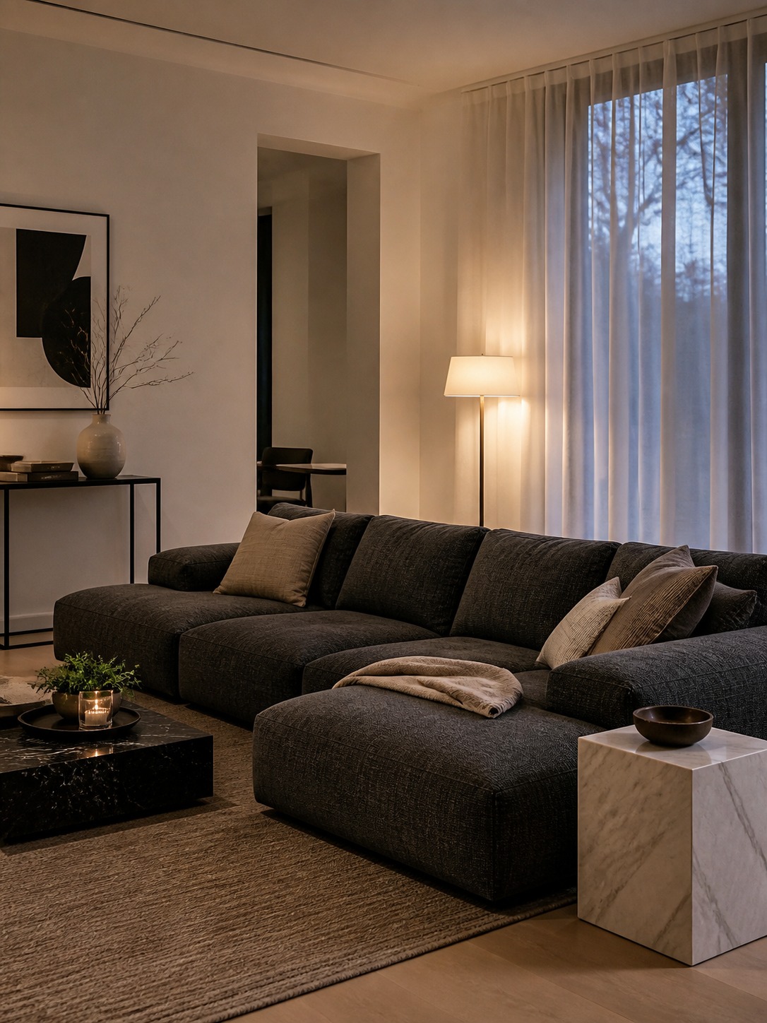 Low-profile charcoal modular sofa in a refined modern living room with soft evening lamp light.