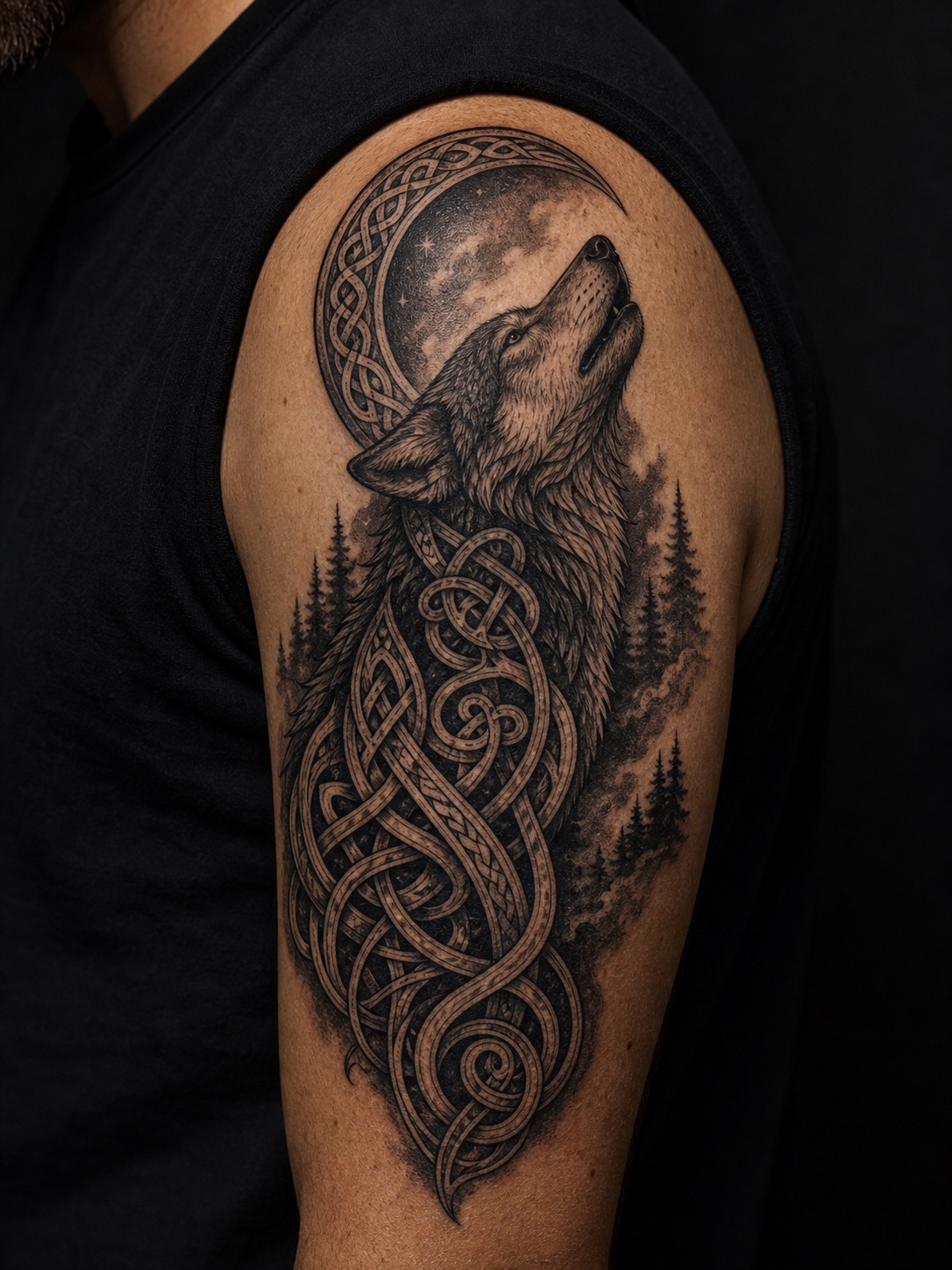 Celtic-style wolf tattoo with knotwork and a crescent moon on an upper arm.