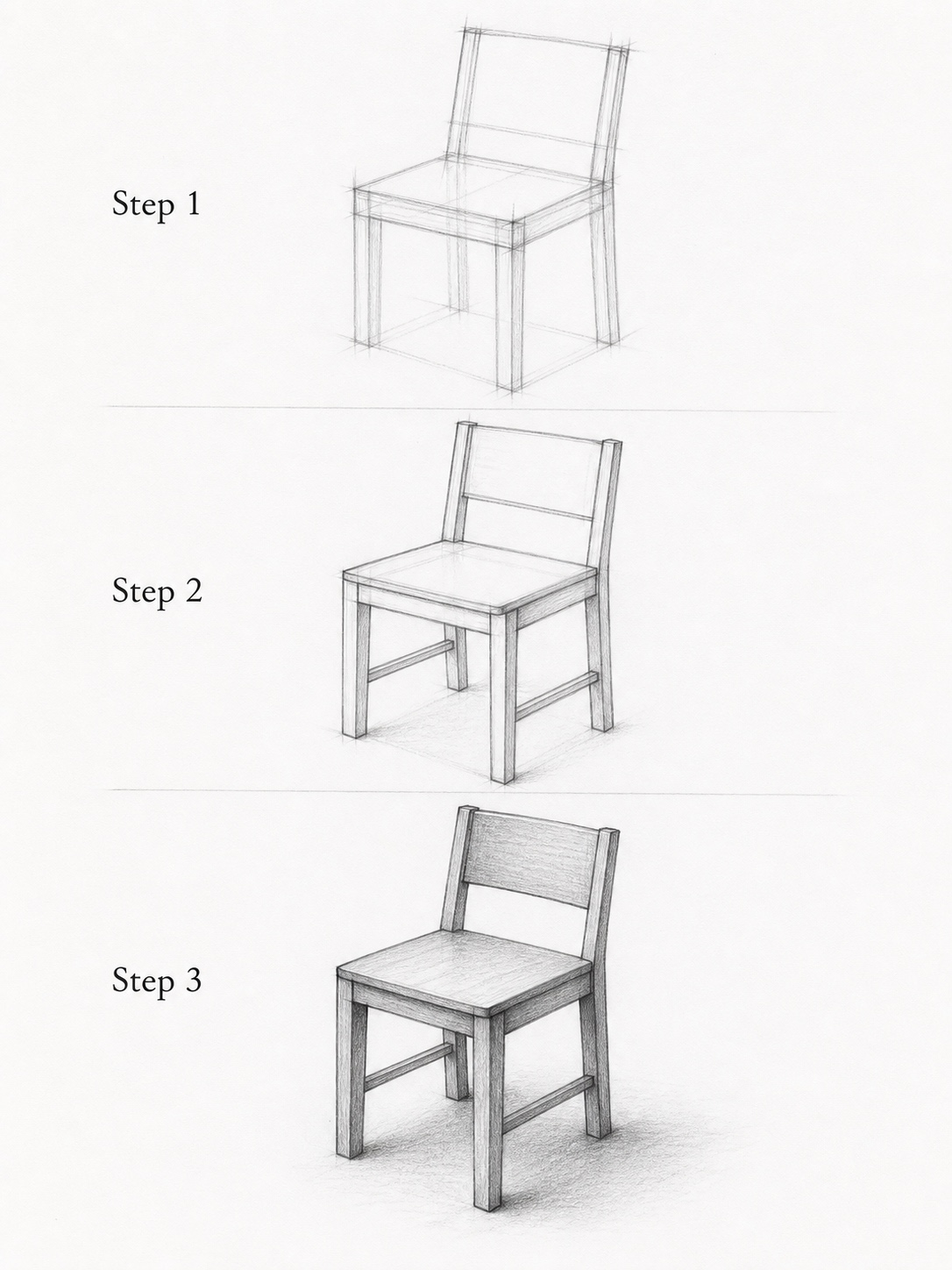 Chair Box Construction Method Three-step pencil tutorial showing how a chair starts from a simple construction box. | Sky Rye Design Three-step pencil tutorial showing how a chair starts from a simple construction box.