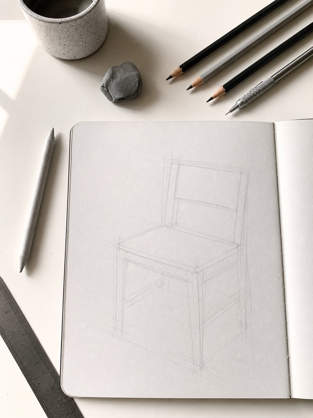 Chair Drawing Tools Flat Lay Drawing pencils, erasers, ruler, and sketchbook prepared for a chair drawing tutorial. | Sky Rye Design Drawing pencils, erasers, ruler, and sketchbook prepared for a chair drawing tutorial.