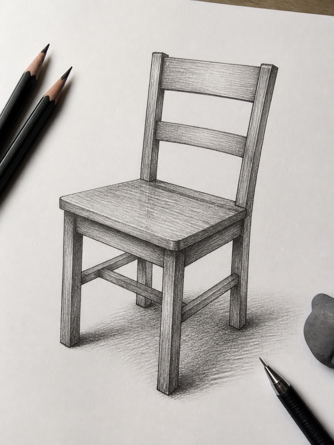Chair Shading Pencil Hatching Wooden chair pencil drawing with directional hatching and contact shadows. | Sky Rye Design Wooden chair pencil drawing with directional hatching and contact shadows.