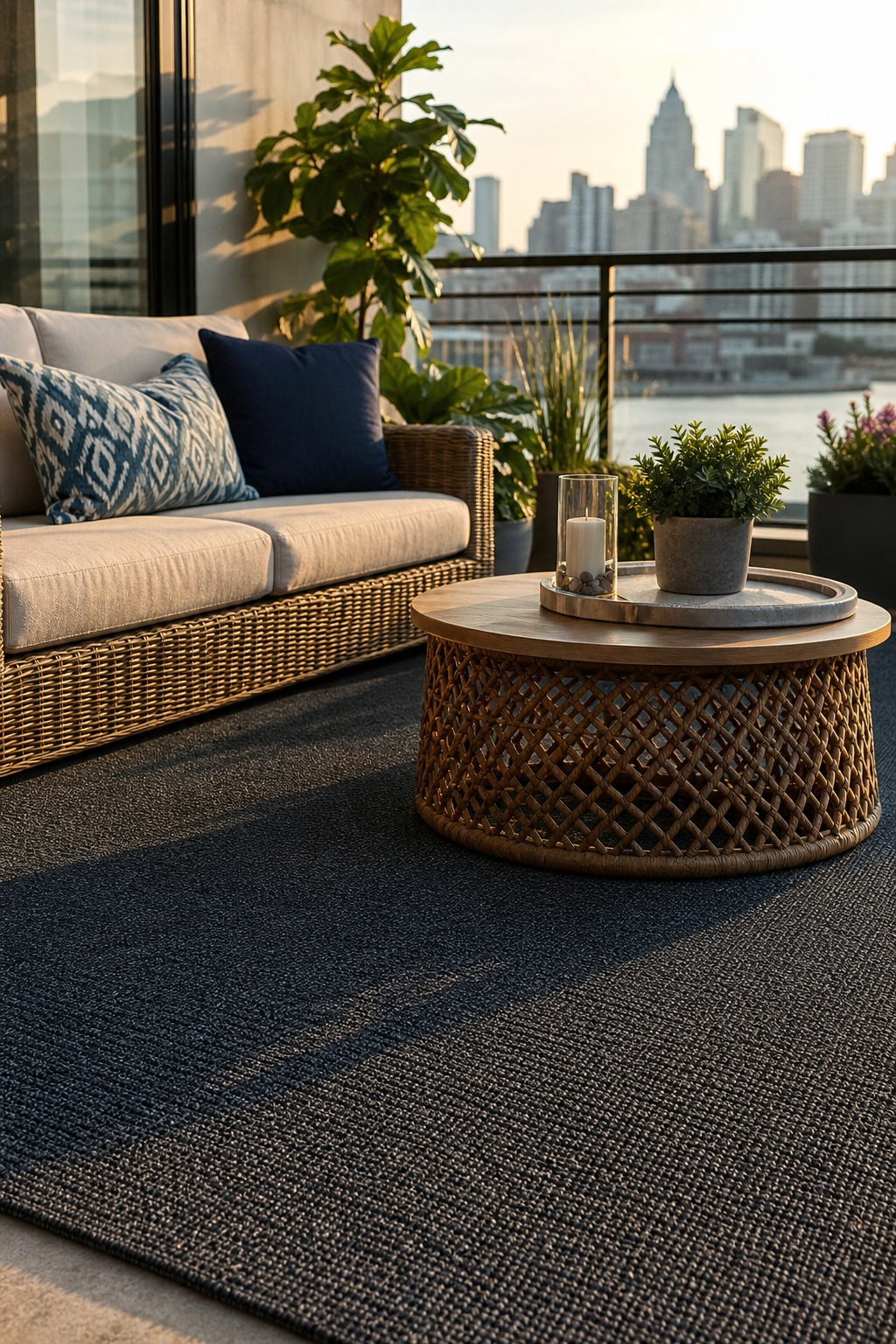 Outdoor balcony with a dark charcoal polypropylene carpet, rattan furniture, and golden-hour city view.