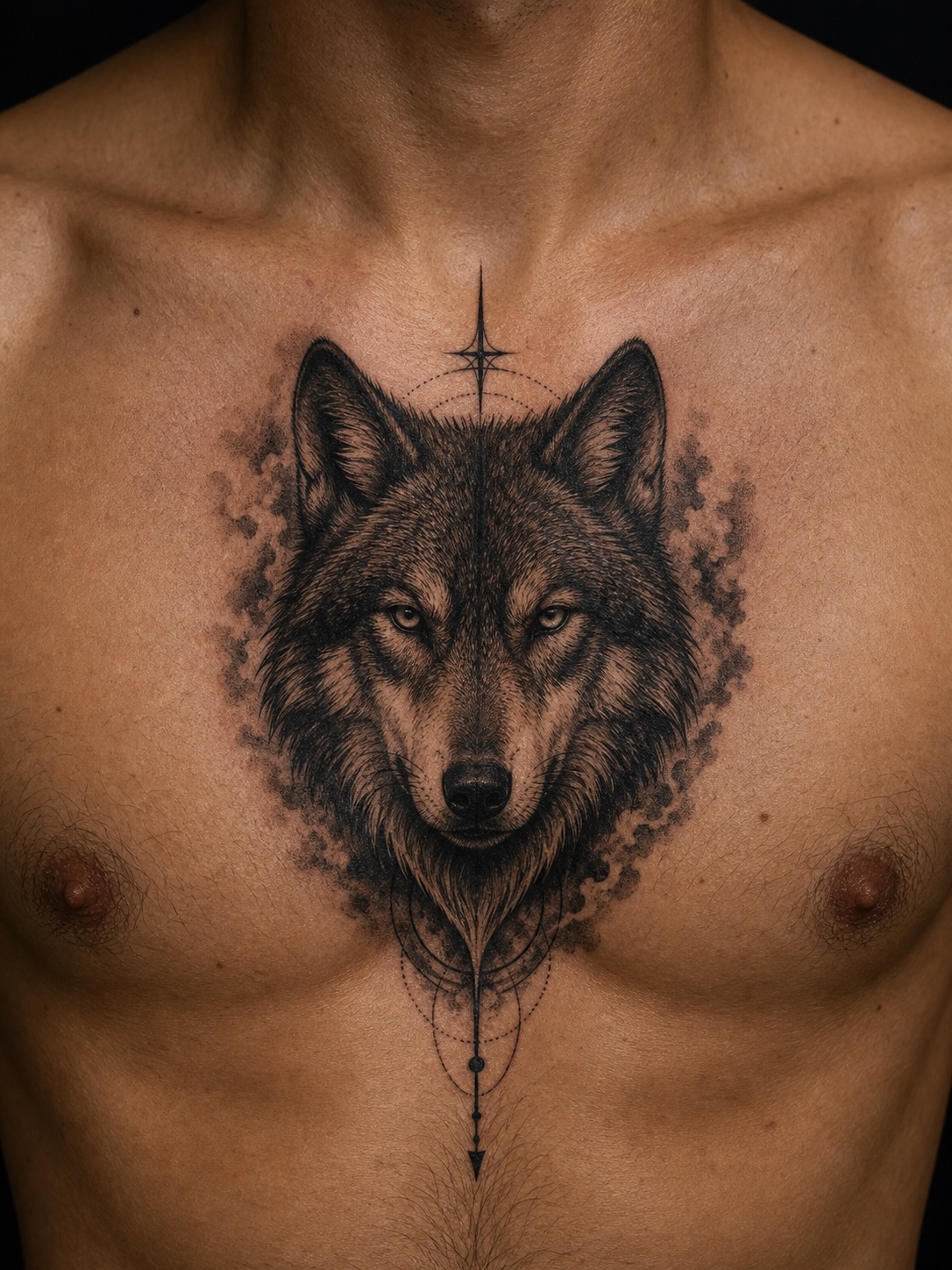 Centered chest and sternum wolf tattoo in a bold dark design.