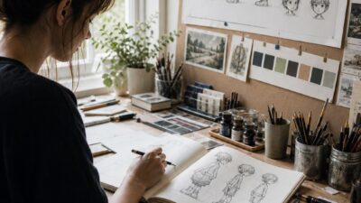 Children's book illustrator desk with character turnaround sketches and a pinned reference sheet