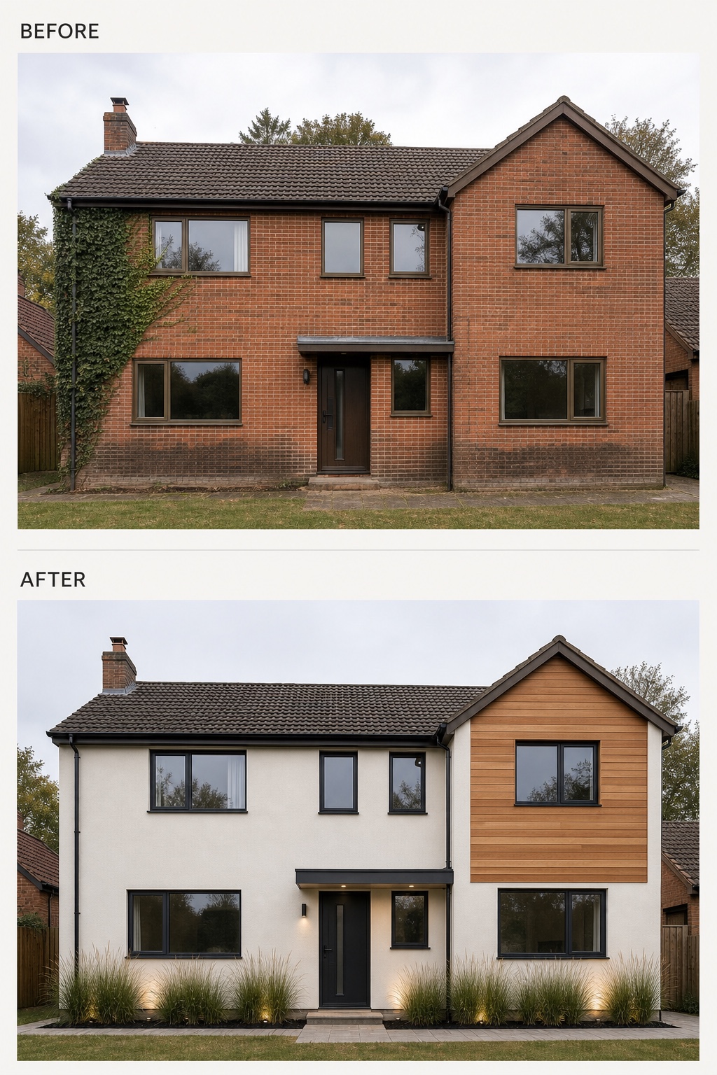 Before and after two-story brick house updated with warm white render, hardwood gable cladding, slim black windows, and organized planting.