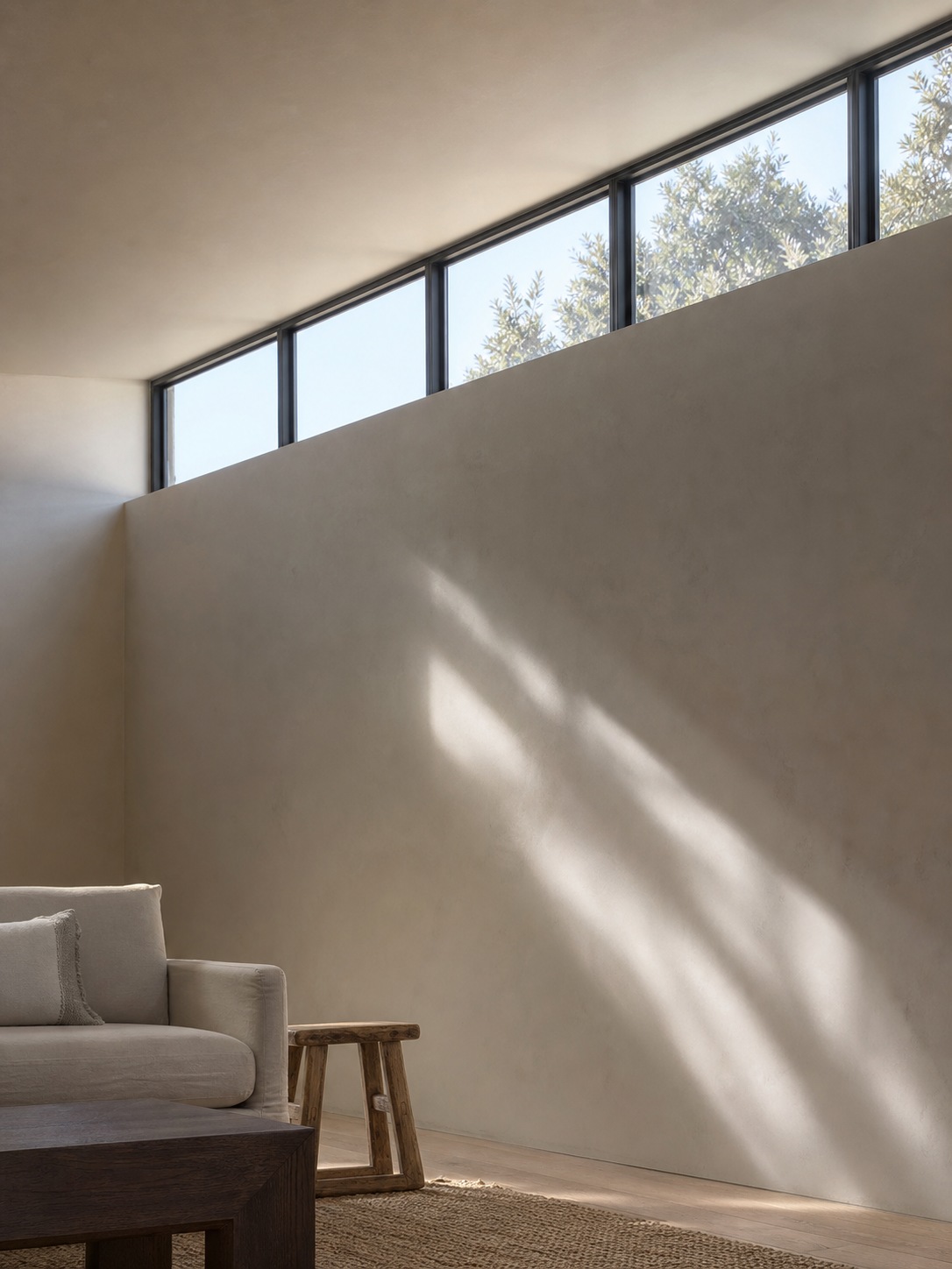 Living room with clerestory windows A narrow band of clerestory windows spills soft morning light down a living room wall. | Sky Rye Design A narrow band of clerestory windows spills soft morning light down a living room wall.