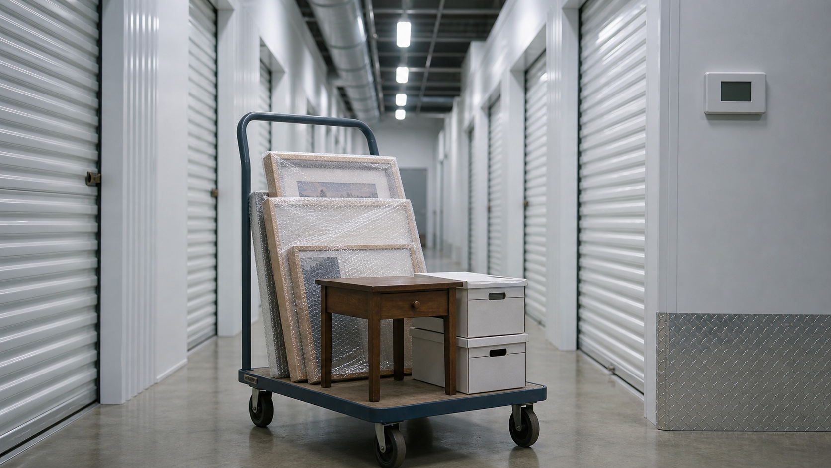 Climate-controlled storage hallway with wrapped artwork, document boxes, and a cart