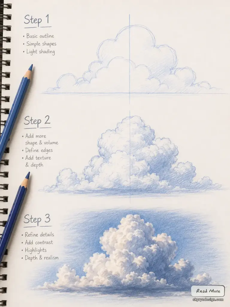 462080b9-72c4-413b-90ab-b742f4f81a28 Three-step blue pencil cloud drawing tutorial in sketchbook: basic outline, added volume, and refined shaded cloud. | Sky Rye Design Three-step blue pencil cloud drawing tutorial in sketchbook: basic outline, added volume, and refined shaded cloud.