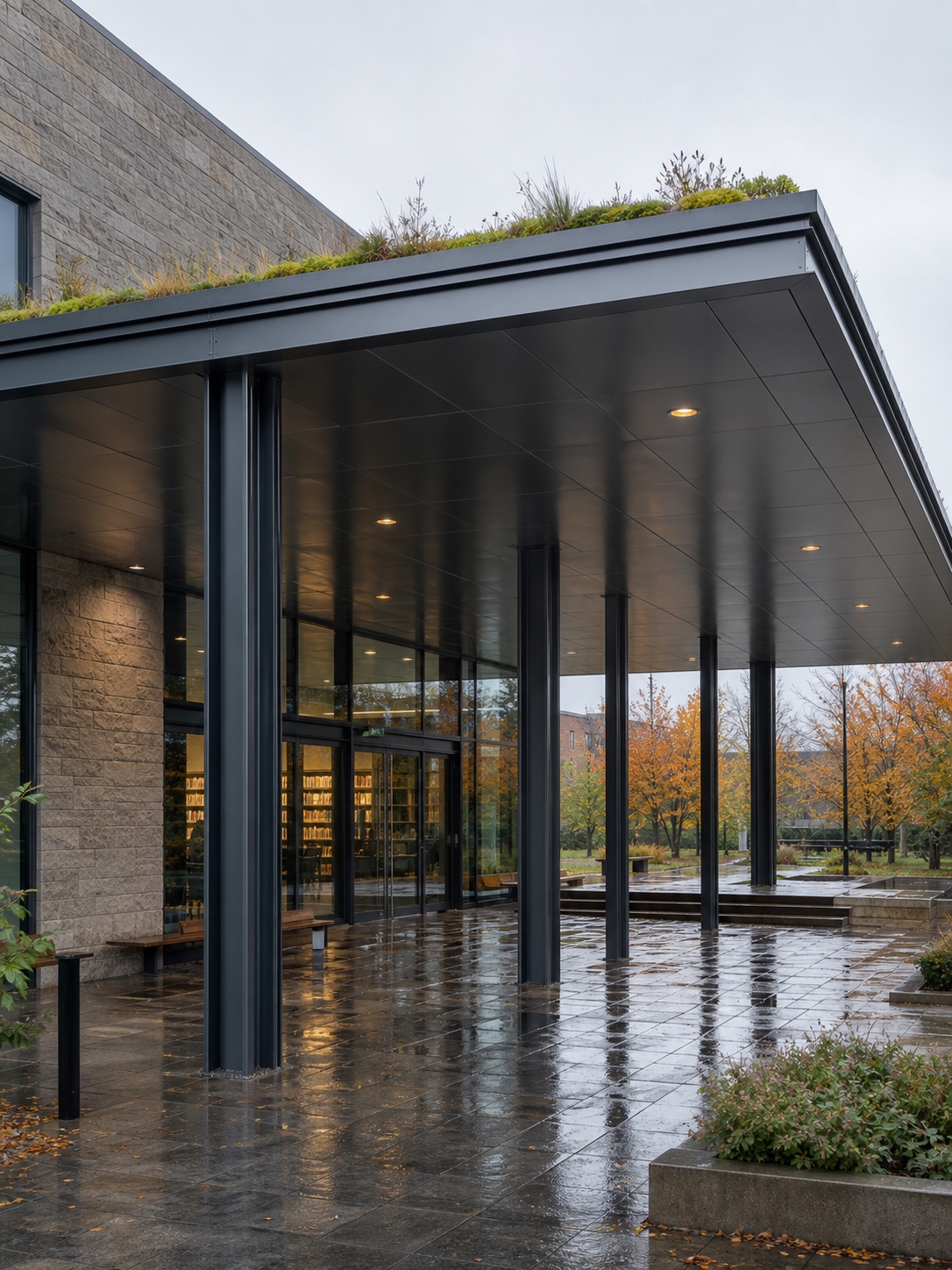Coated Steel Green Roof Canopy Modern civic building entrance with a coated steel canopy, metal soffit panels, and a green roof edge after rain. | Sky Rye Design Modern civic building entrance with a coated steel canopy, metal soffit panels, and a green roof edge after rain.