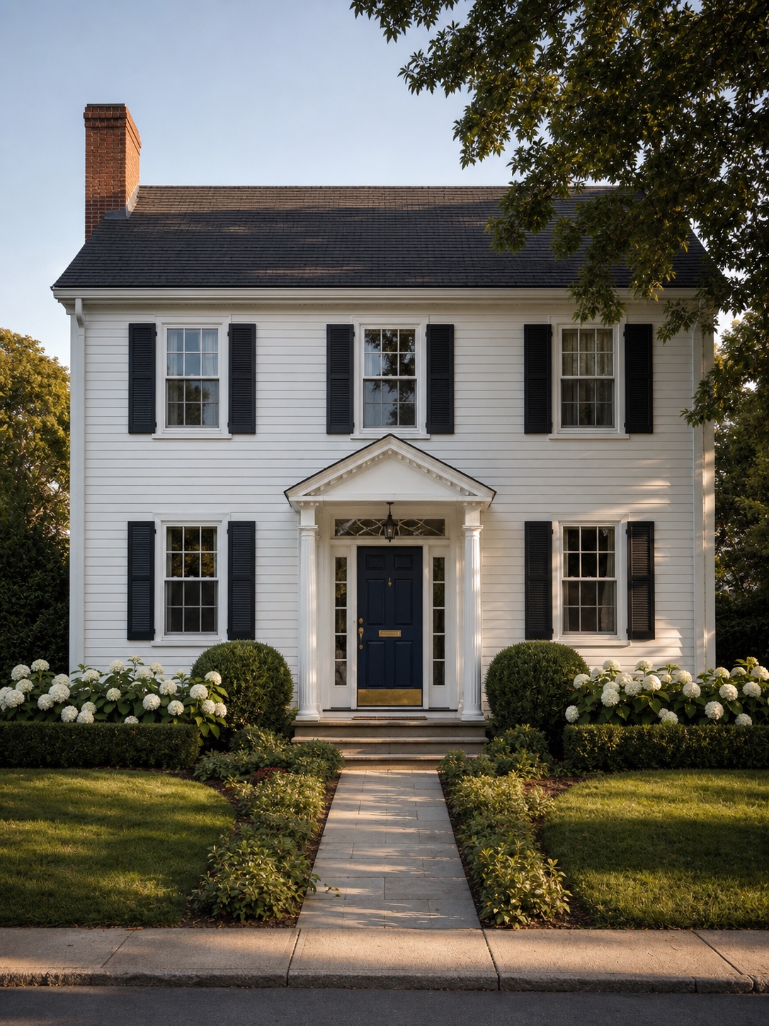 Colonial Home Exterior Symmetrical colonial-style home with white clapboard siding, black shutters, a brick chimney, and a navy entry door. | Sky Rye Design Symmetrical colonial-style home with white clapboard siding, black shutters, a brick chimney, and a navy entry door.