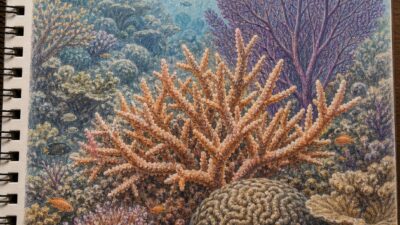 Finished colored coral reef drawing with warm foreground coral and muted blue-green background.