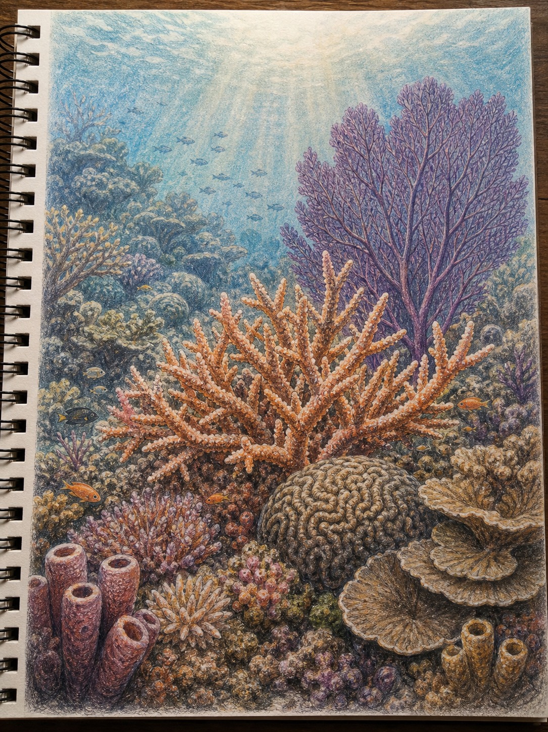 Finished colored coral reef drawing with warm foreground coral and muted blue-green background.