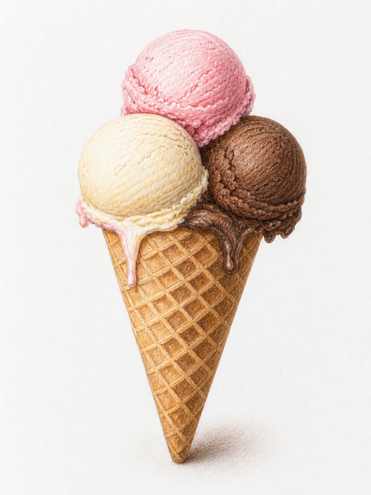 Colored pencil ice cream drawing finished Colored pencil illustration of strawberry vanilla and chocolate ice cream scoops on a waffle cone | Sky Rye Design Colored pencil illustration of strawberry vanilla and chocolate ice cream scoops on a waffle cone