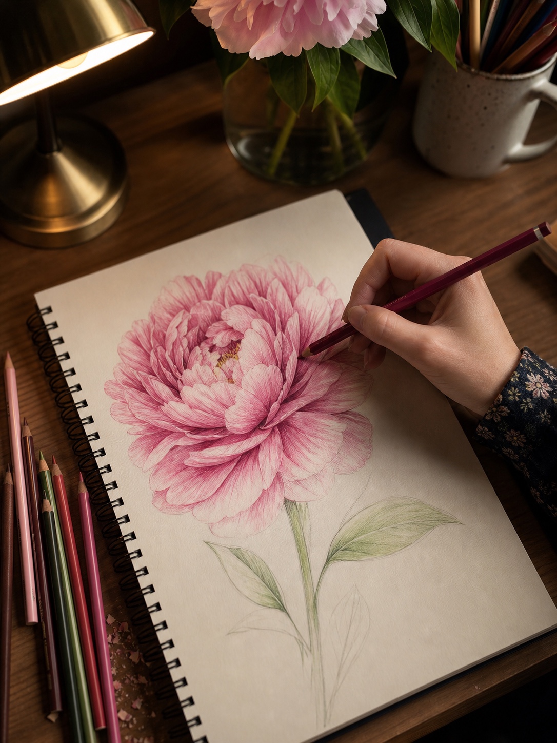 Artist hand layering colored pencil over a peony drawing with pink pencils arranged beside the sketchbook.