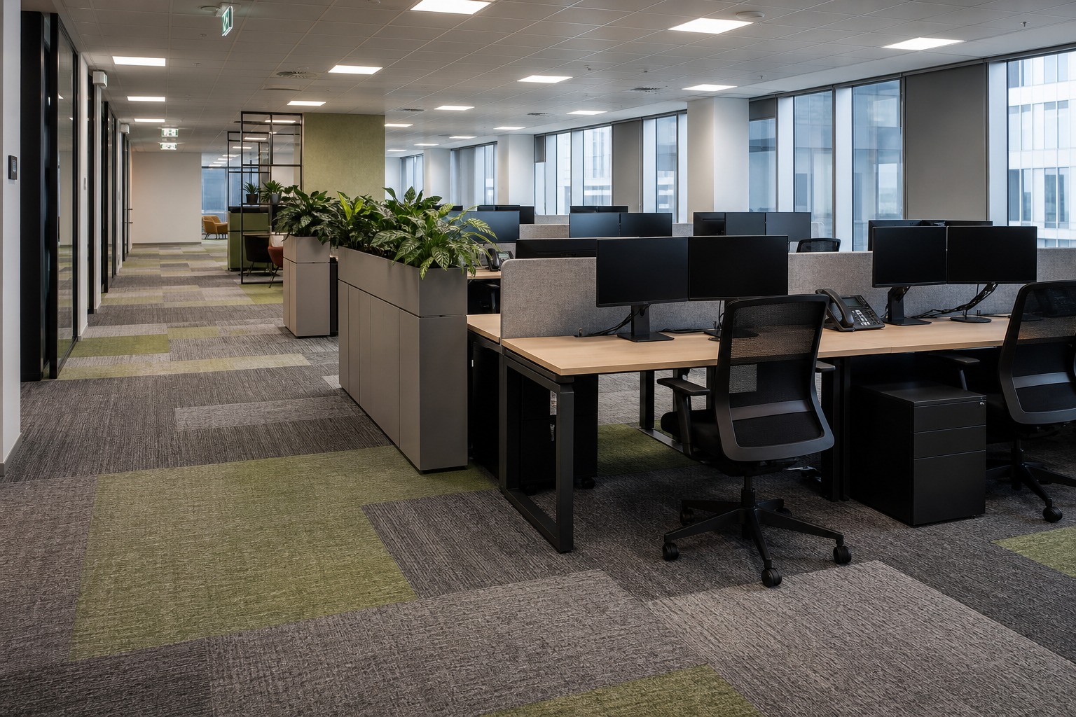 Open-plan commercial office with carpet tiles, desks, monitors, and professional overhead lighting.