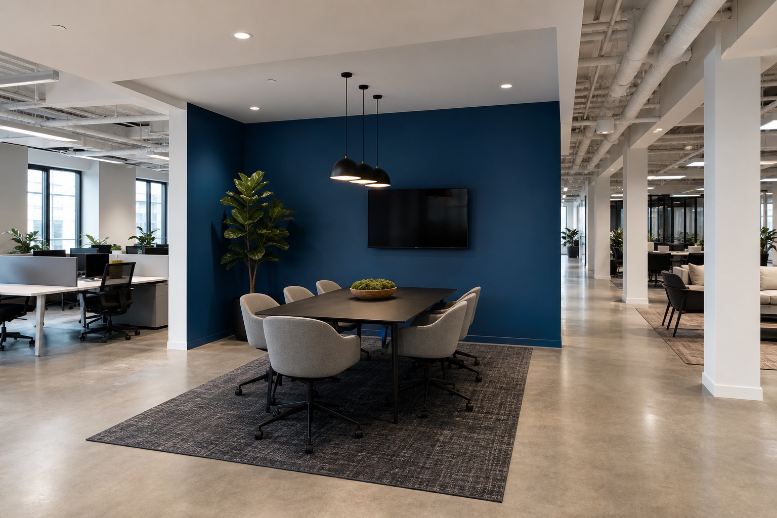 A contemporary open-plan office where a blue painted wall defines a meeting area against neutral white space
