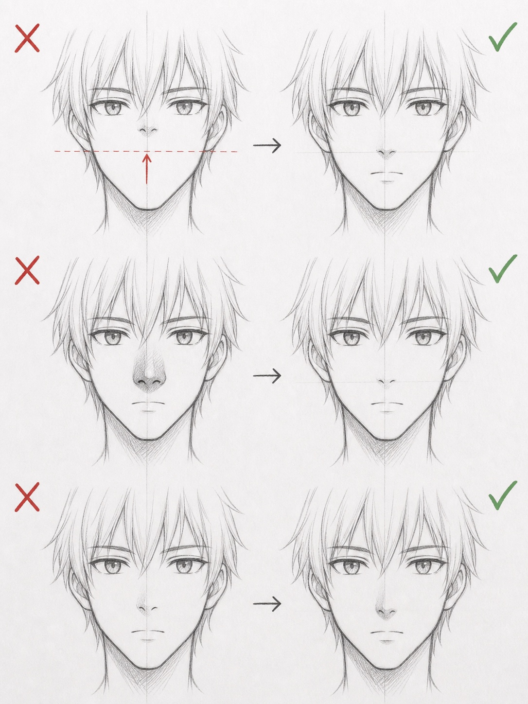 Before-and-after pencil examples correcting common anime nose drawing mistakes.