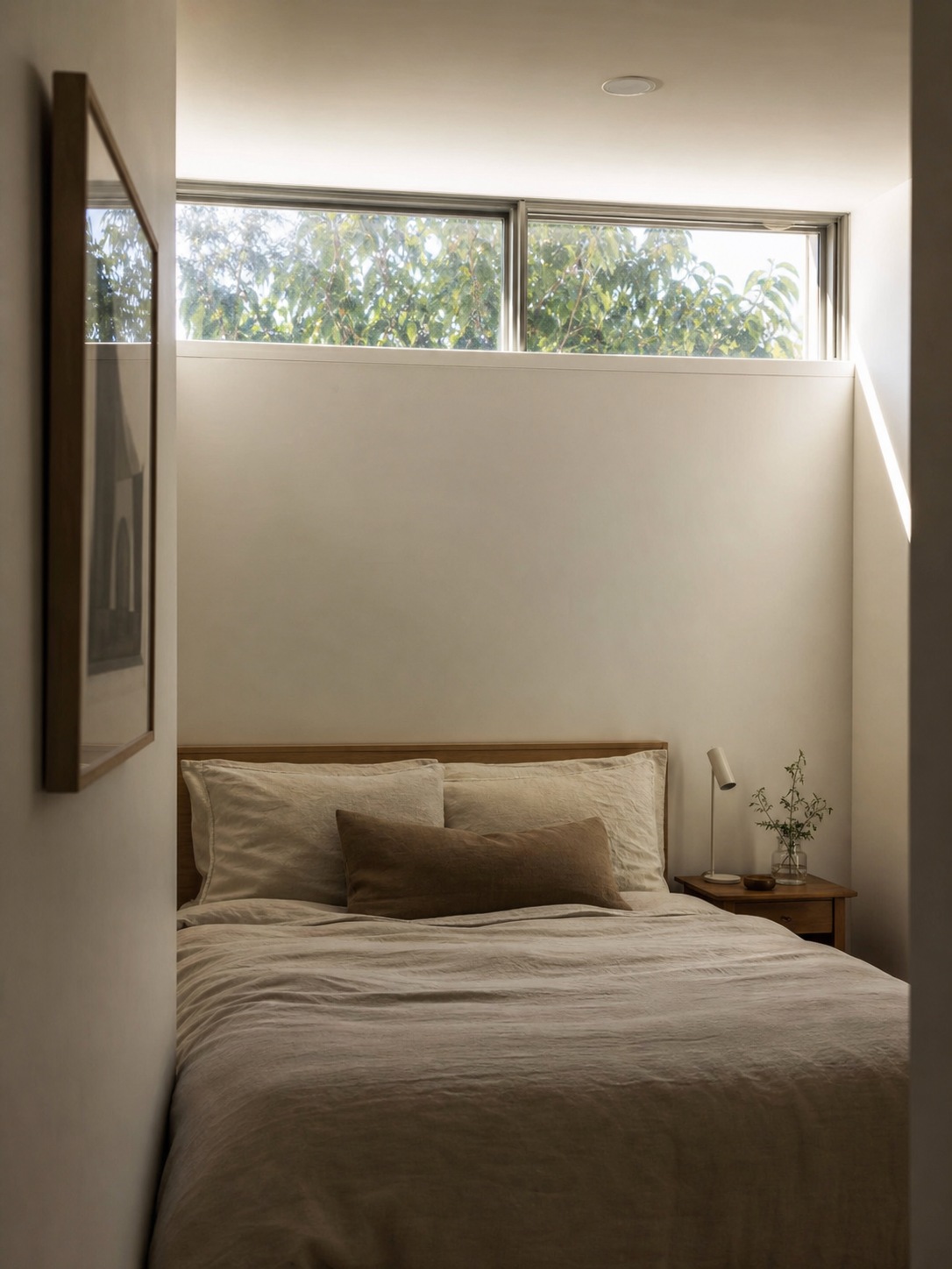 Compact bedroom with clerestory window A small bedroom catches soft morning light through a narrow clerestory window near the ceiling. | Sky Rye Design A small bedroom catches soft morning light through a narrow clerestory window near the ceiling.