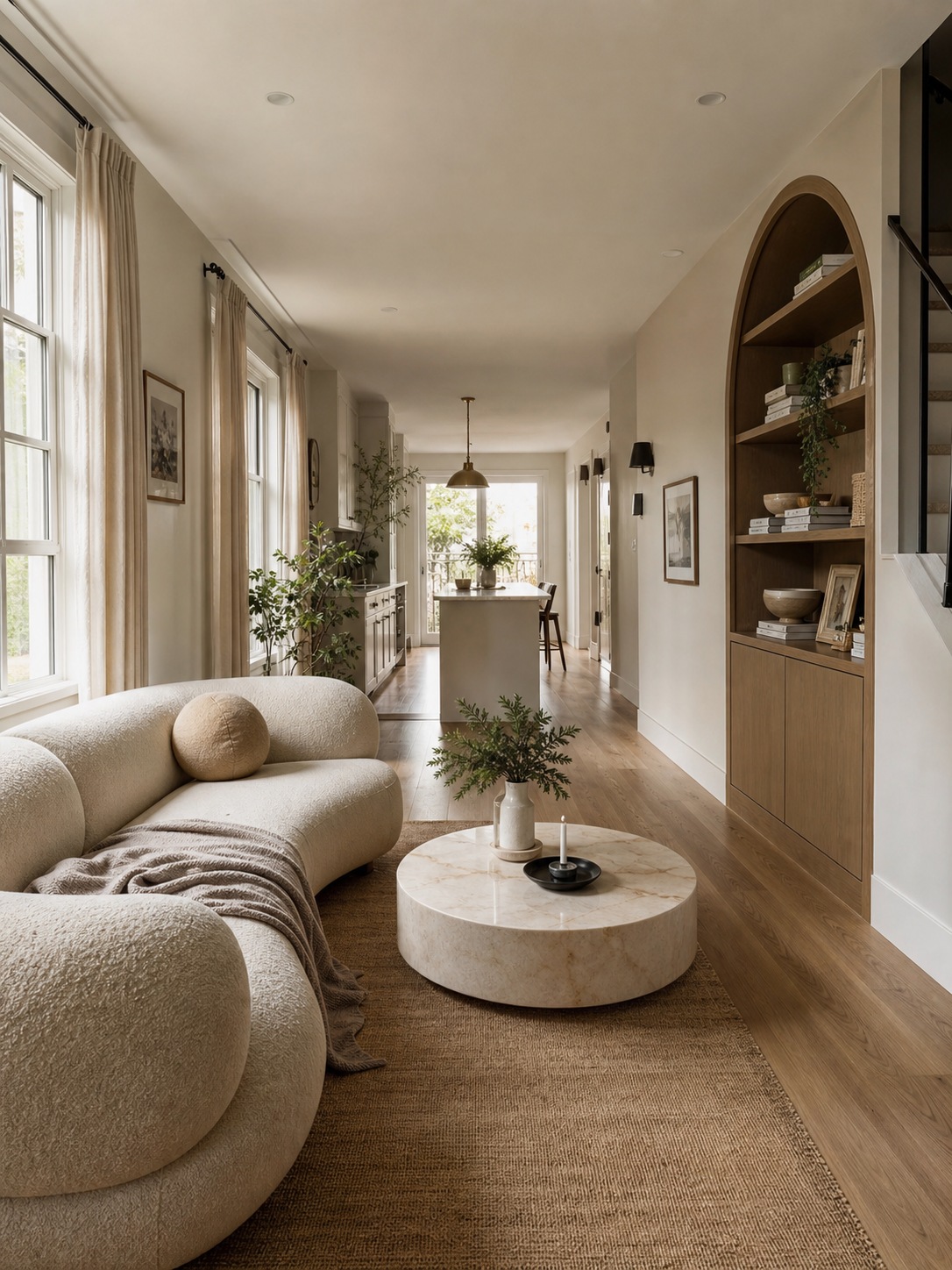 Open-plan compact living room with rounded furniture A compact open-plan living room uses rounded furniture and arched shelving to keep circulation calm. | Sky Rye Design A compact open-plan living room uses rounded furniture and arched shelving to keep circulation calm.