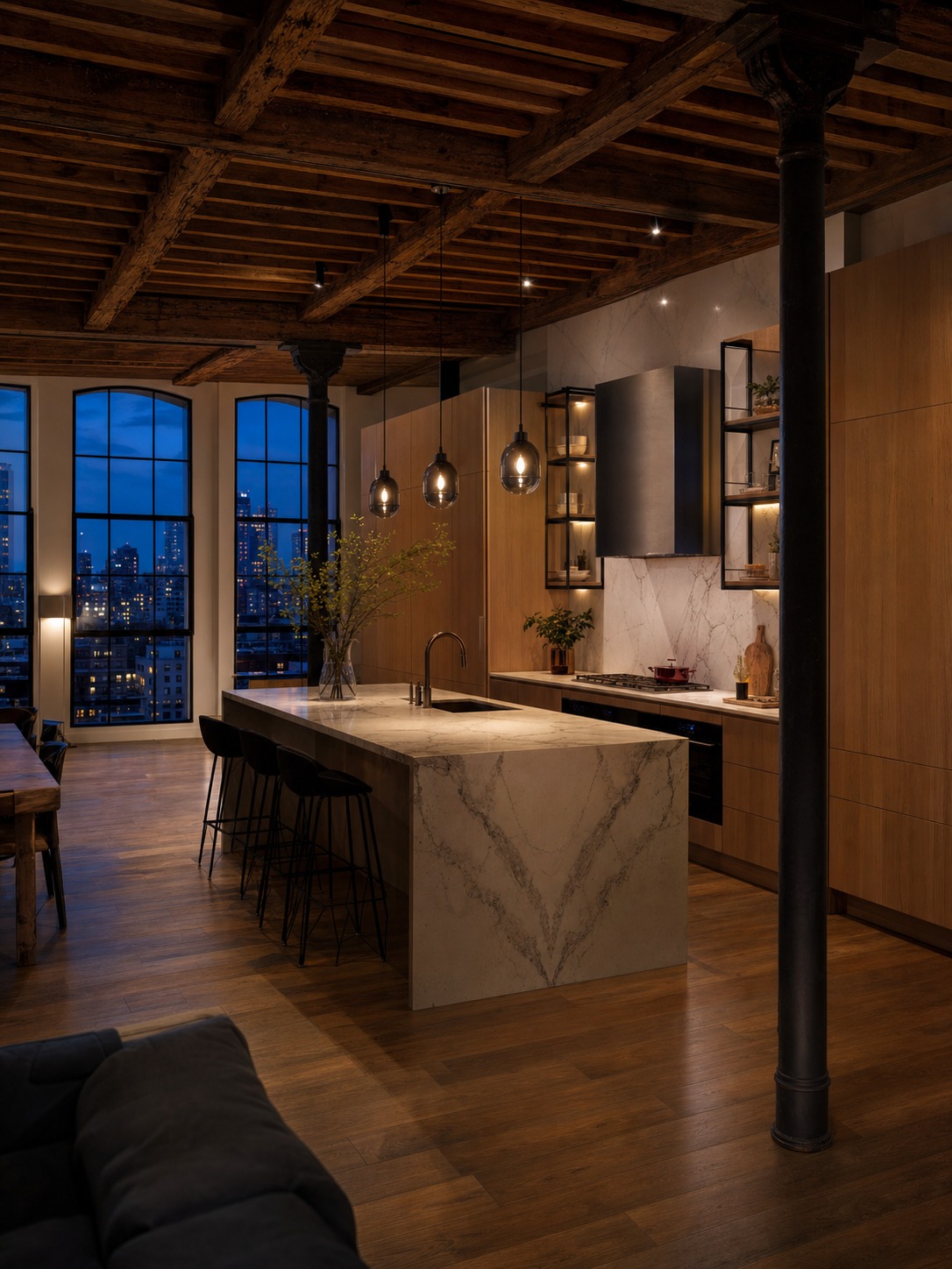 Finished loft kitchen at dusk with a marble island, white oak cabinetry, exposed beams, and cast-iron columns.