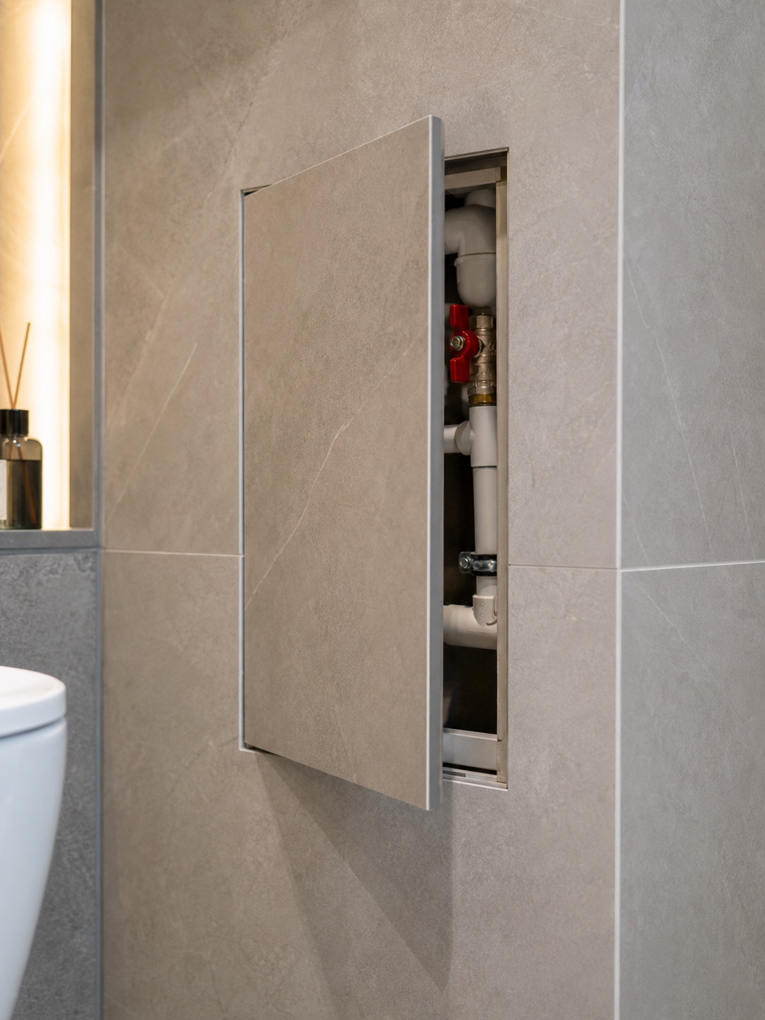 A flush tile-faced bathroom access panel opened slightly to reveal plumbing pipes and a shut-off valve behind grey stone tile.