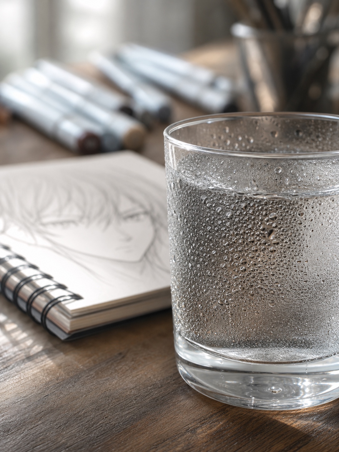 Macro view of condensation on a glass of water with sketchbook and markers softly blurred behind.