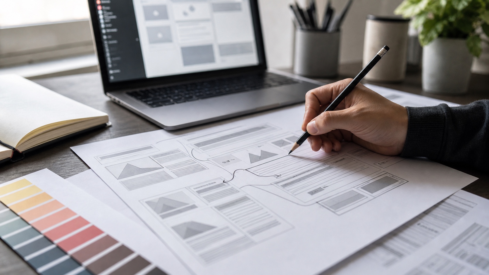 Content optimization notes for a website redesign with layout printouts and internal link planning.