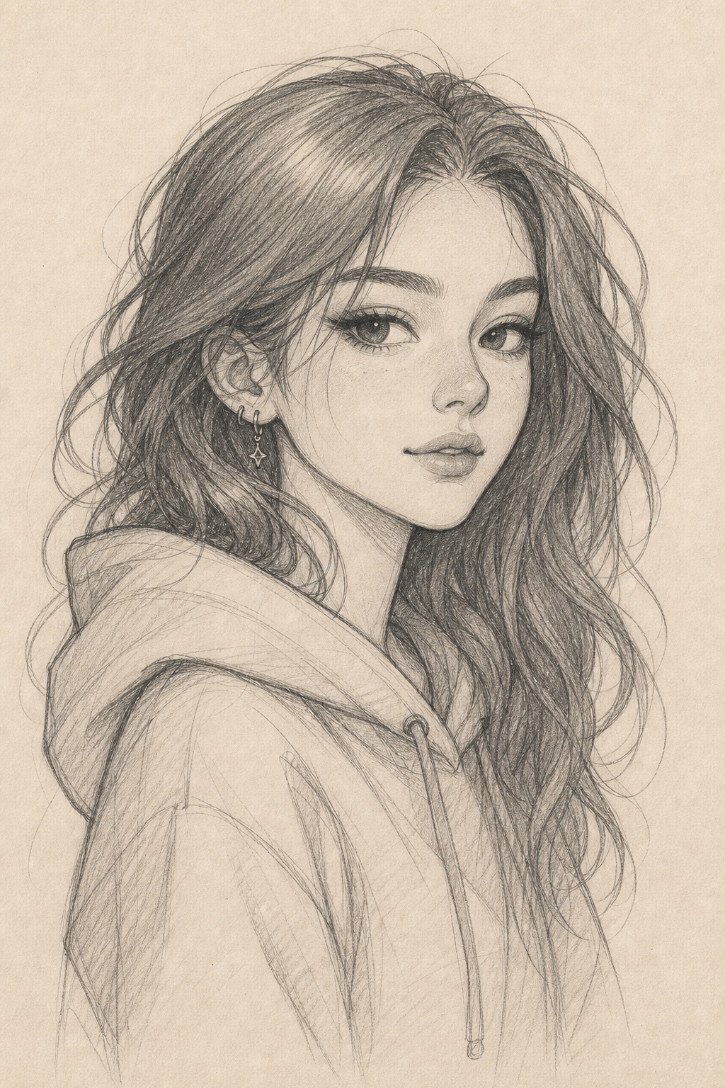 Cool Girl Portrait Sketch Reference Pencil sketch of a young woman with long wavy hair wearing a hoodie, looking over her shoulder. | Sky Rye Design Cool girl portrait sketch with hoodie and loose wavy hair