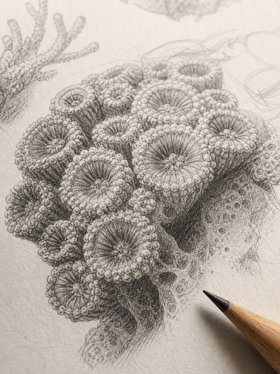 Close-up pencil study of coral polyp texture on sketchbook paper.