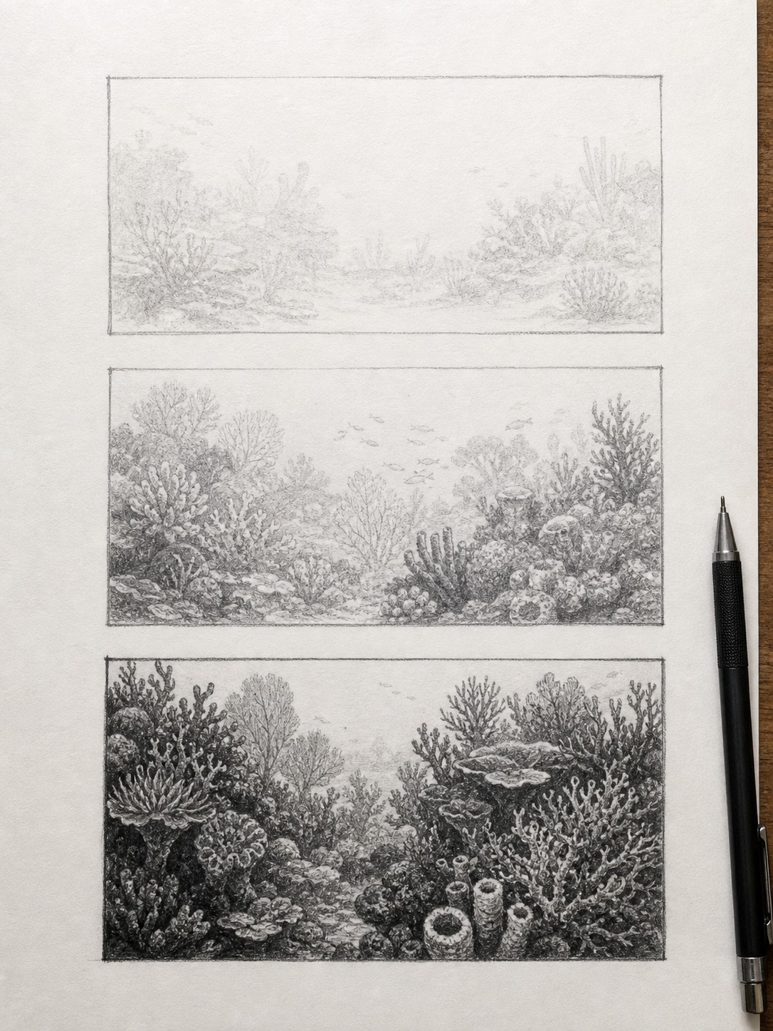Pencil diagram showing foreground, midground, and background reef depth layers.