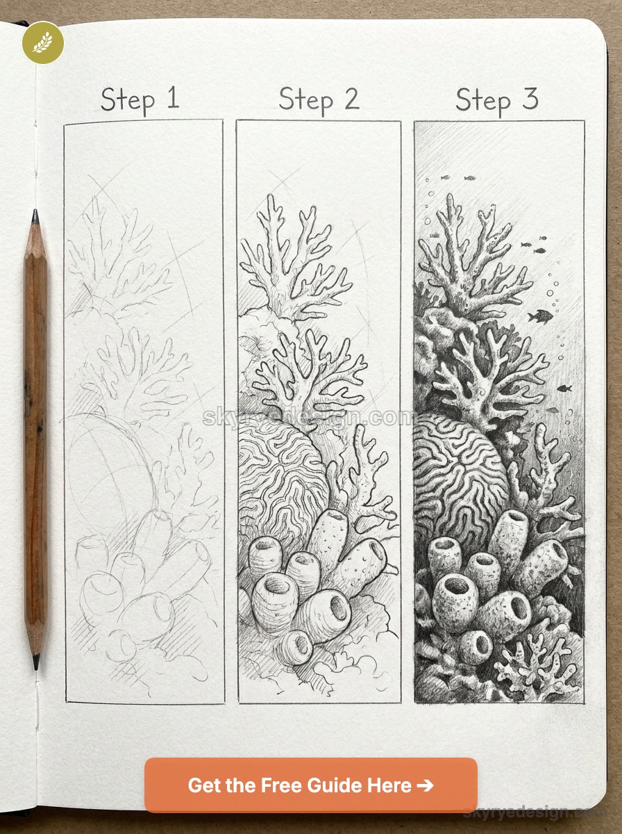 Step-by-step pencil sketch tutorial of a coral reef drawing in vertical panels with'Get the Free Guide' button
