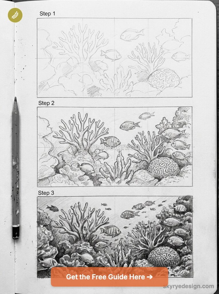 Step-by-step pencil tutorial showing coral reef drawing with fish, brain coral and corals on paper, pencil at left