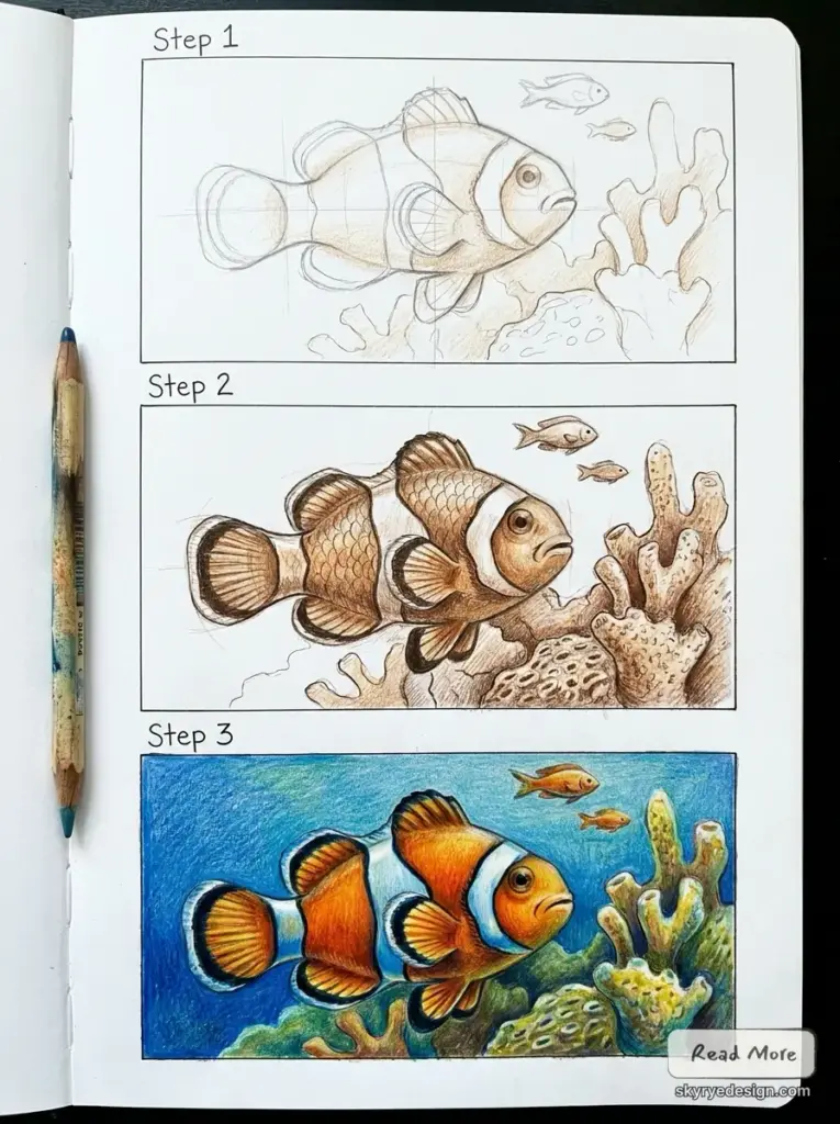 Clownfish drawing tutorial — 3-step colored pencil guide: initial sketch, shaded details, final vibrant coral reef.