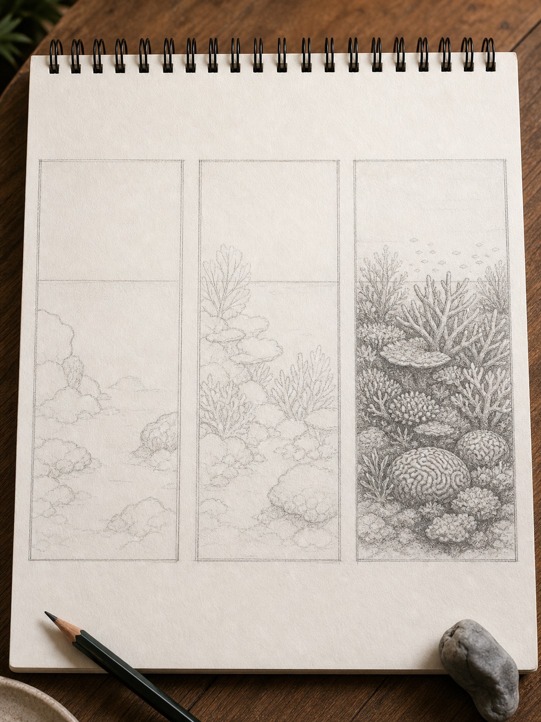 Three-frame pencil tutorial progression for building a coral reef drawing.