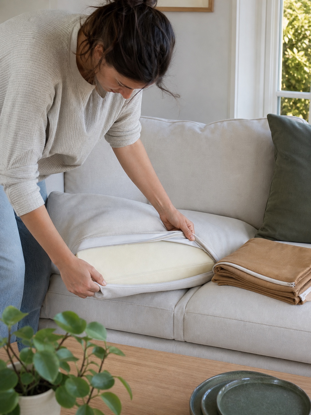 Person removing a zippered sofa cushion slipcover with a replacement cover nearby.