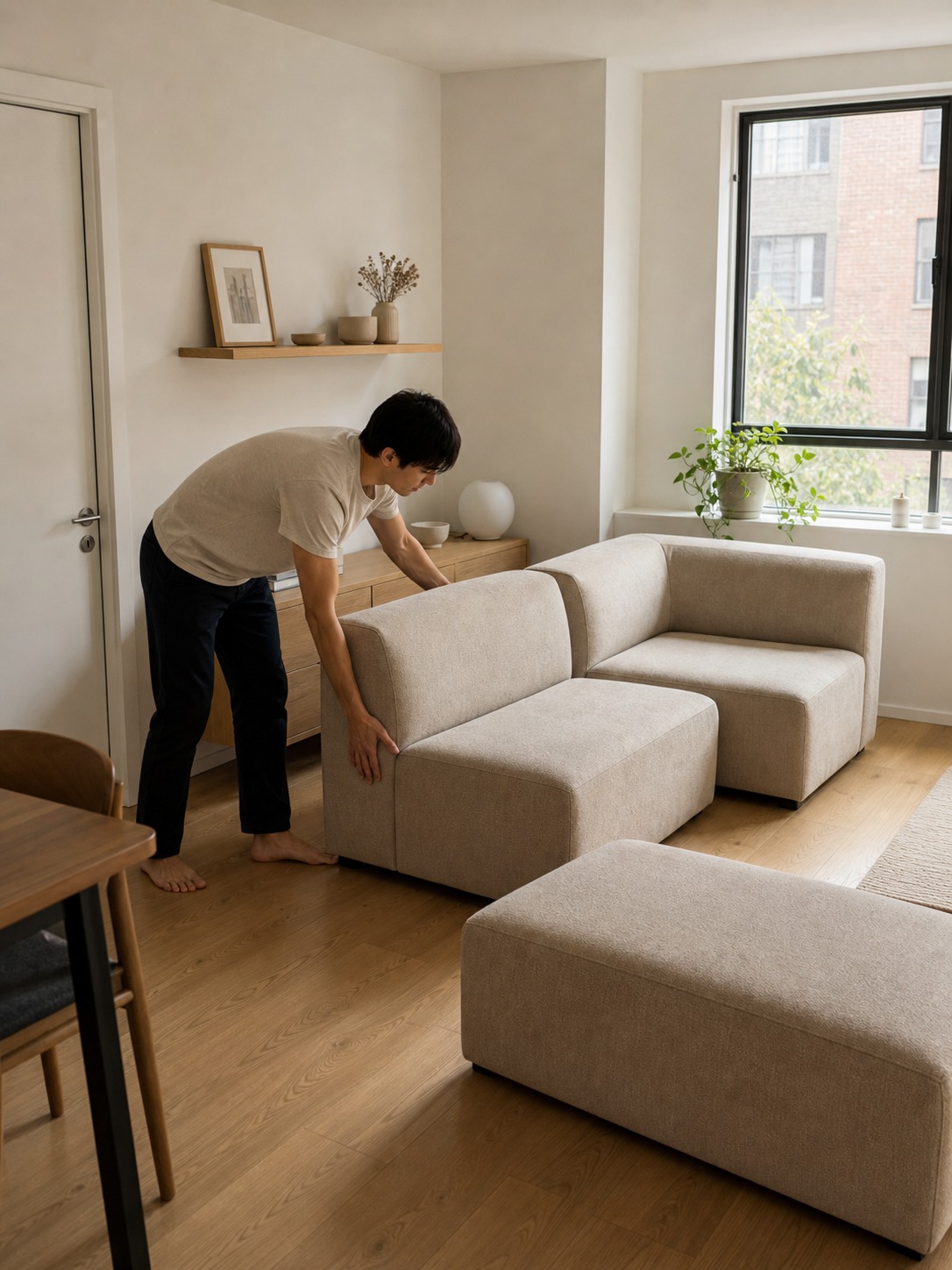 Compact modular sofa being rearranged by one person in a small apartment living room.