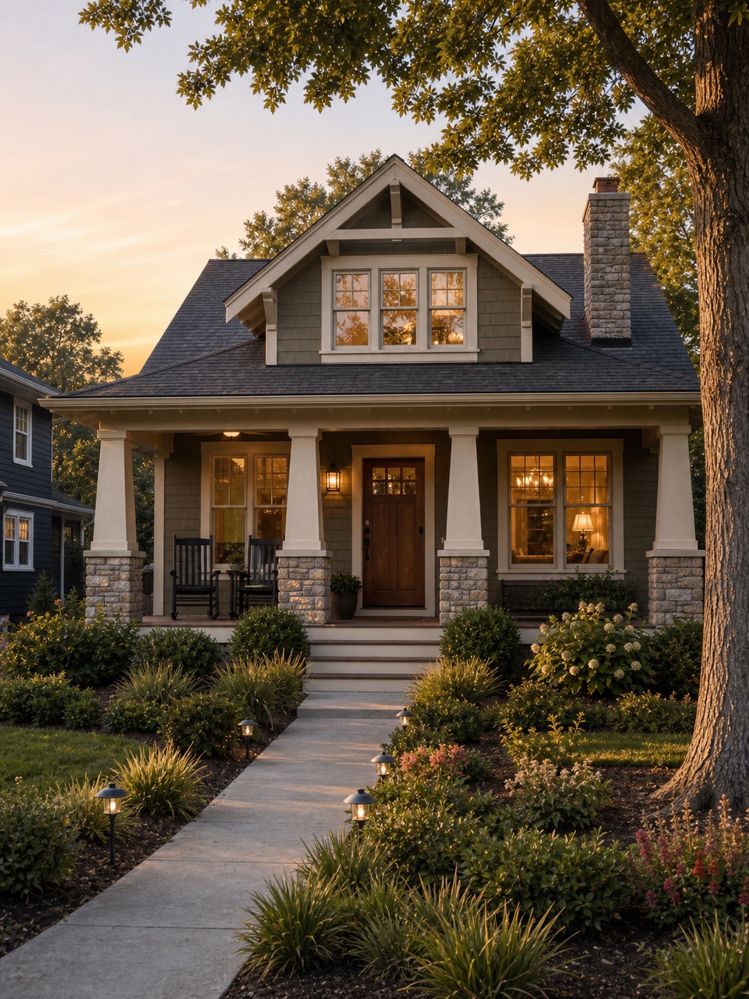 Well-maintained craftsman-style family home exterior with fresh landscaping, wide porch, and rocking chairs.