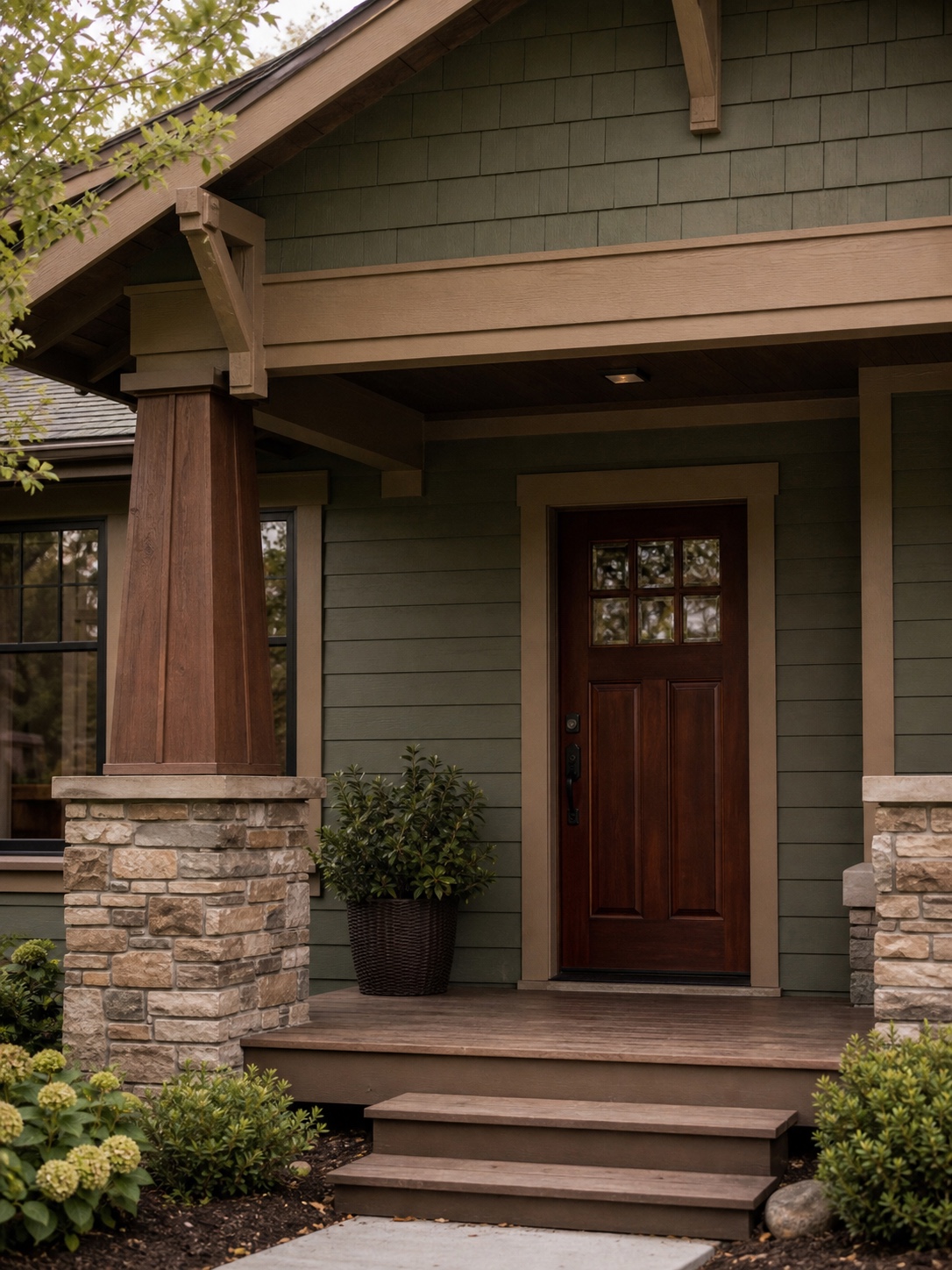 Craftsman Home Color Detail Craftsman bungalow exterior detail with olive green siding, warm brown trim, stone columns, and a mahogany door. | Sky Rye Design Craftsman bungalow exterior detail with olive green siding, warm brown trim, stone columns, and a mahogany door.