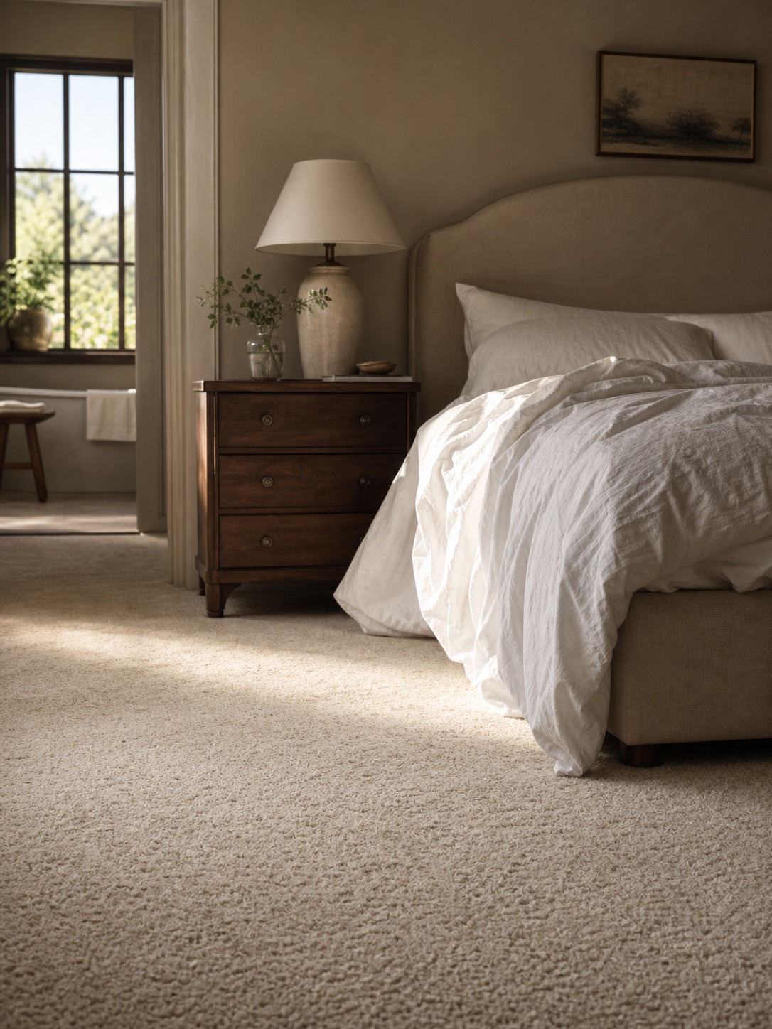 Master bedroom with plush cream saxony cut-pile carpet and warm afternoon light.