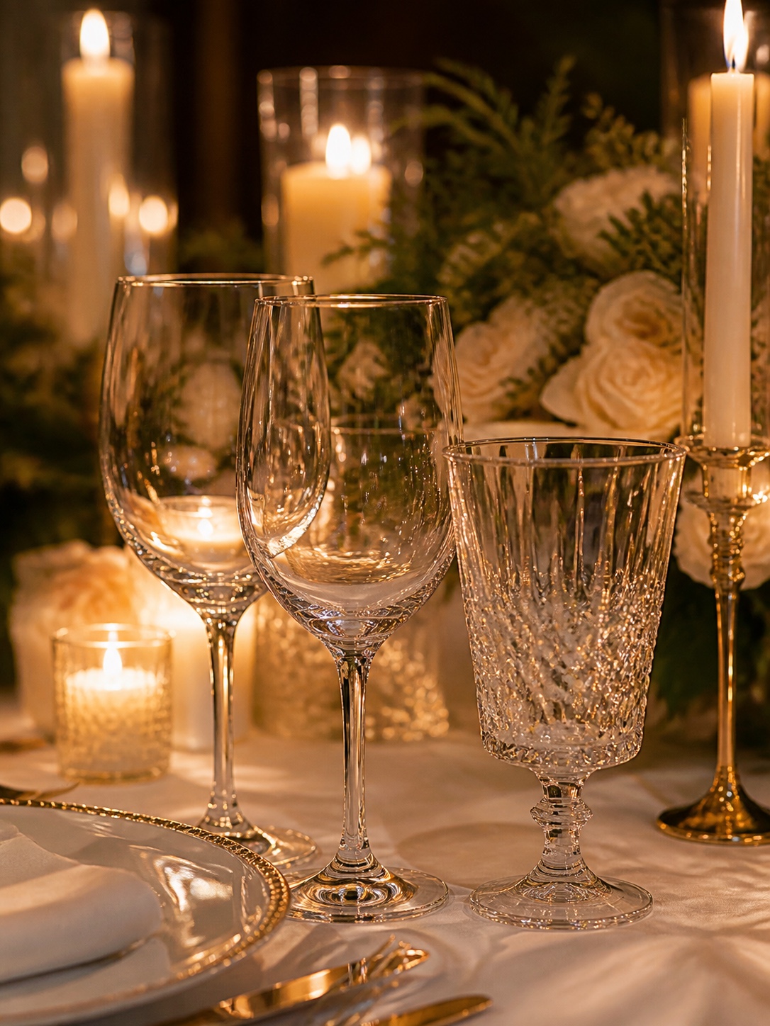 Crystal wine glasses and water goblet catching warm candlelight on a white linen wedding table.