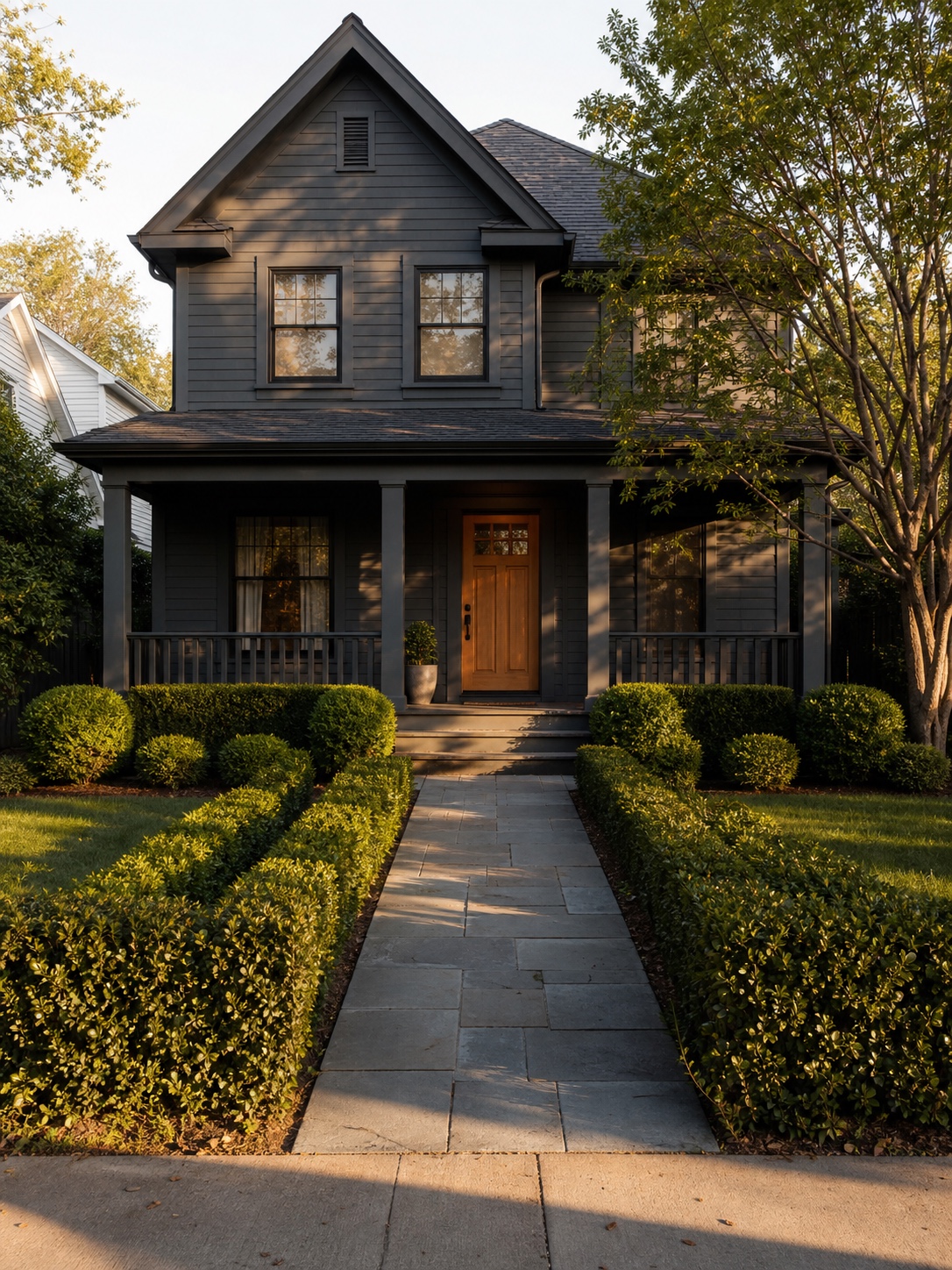 Well-maintained suburban house with a timber front door, clipped hedges, and a clean stone path in golden light.