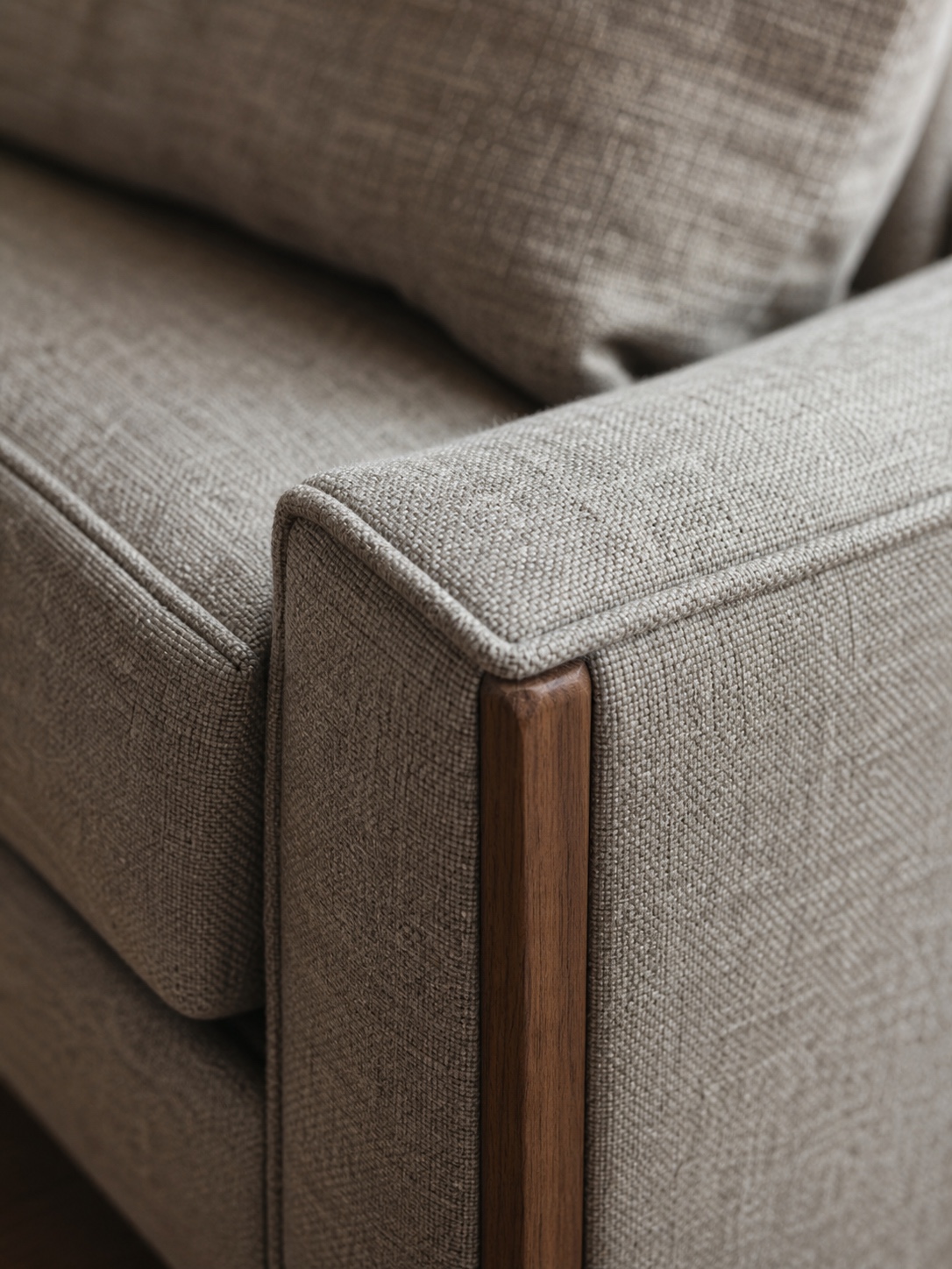 Close-up of tight upholstery and welt seam on a custom sofa arm