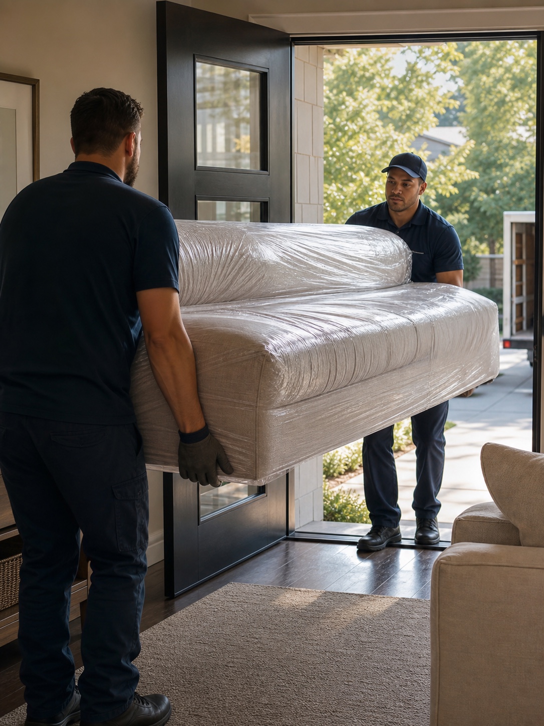 Delivery workers carrying a wrapped custom sofa into a modern home